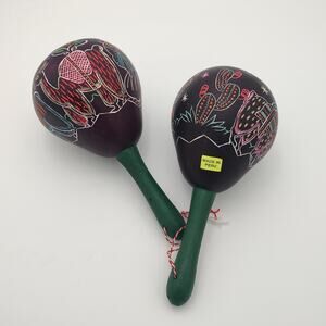 Folk Art Carved Gourd Maracas Peru Llamas Alpacas Handmade Percussion Instrument